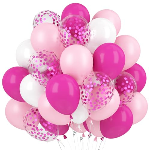 60 Pezzi Palloncini Fucsia Rosa Coriandoli, Palloncini Compleanno Fucsia, Palloncino Elio Rosa per Femmina Compleanno con Coriandoli per Matrimonio Battesimo Prima Comunione Bambina Festa