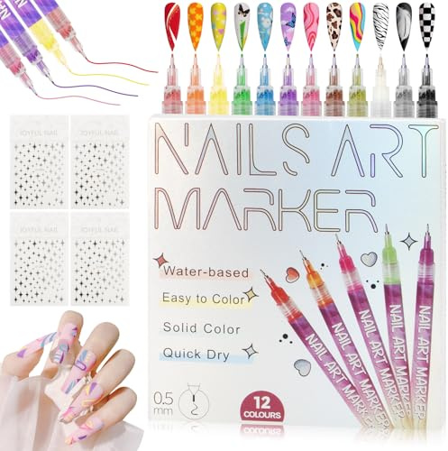Scettar 12 Colors Nail Art Pens Set, 0.5mm Nail Art Markers Polish Pens for 3D Nail Art, 3D Nail Polish Pens for Painting, Nails Art Drawing Tool