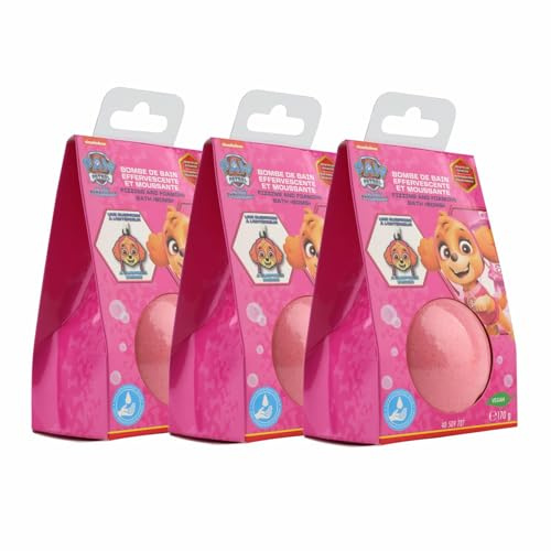 Home-Flair Paw Patrol Badebombe - große Badekugel Chase - Blau Skye -Rosa 170g Schaum-Effekt - VEGAN - mit Überraschungsanhänger (Skye, 3 Kugeln)