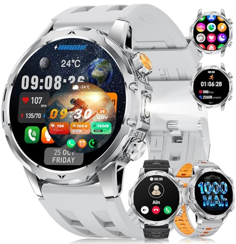 Montre Connectée Homme Militaire avec 1,53 HD Écran/LED Lampe/1000mah Batterie,IP68 Étanche Smartwatch avec 100+ Modes Sportifs,24/7 Moniteur de Fréquence Cardiaque et Sommeil,Android iOS,Gris Acier