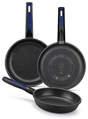 BRA Advanced Set de sartenes, aluminio fundido antiadherente sin PFOA, de rendimiento superior, resistencia a los arañazos y a la abrasión, apta para Inducción, Negro 18|22|26 cm
