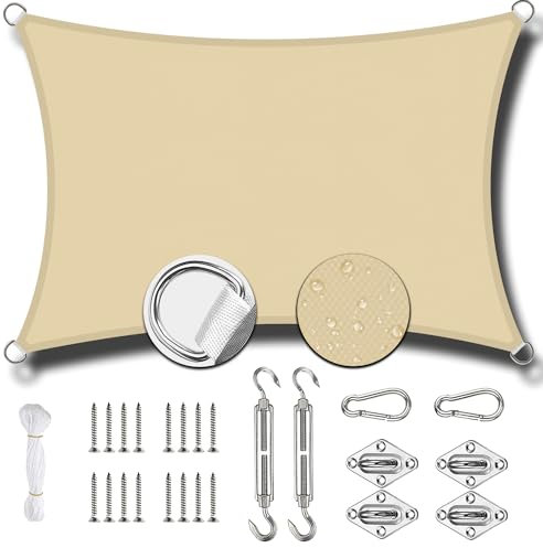 SonnensegelNach Maß Segeltuch Wasserdichtim Viele Größe und Farbenfür Garten Balkon Camping Terrasse Pergola-5x7m-Beige