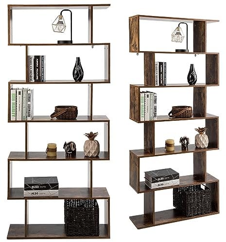 COSTWAY Libreria in Legno Scaffale Multifunzionale a 6 Ripiani per Piante e Libri per Ufficio Casa Ripiano a Forma di S, 80 x 23 x 192 cm (Caffè)