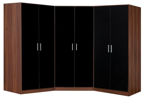 Reflect 3 Piece Bedroom Furniture Bundle - 2 Door CORNER + 2xDouble PLAIN Wardrobes (H: 180cm x W: 179cm x D: 179cm) (Black Gloss/Walnut)