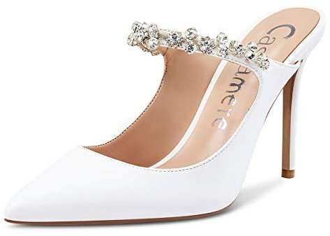 Castamere Damen Slip-On High Heels Slingback Kristall Sandalen Stilettos 10CM Heel Weiß Satin Schuhe EU 43