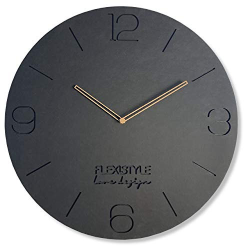FLEXISTYLE Groß wanduhr ECO3 Schwarz ohne tickgeräusche wie Anthrazit 50cm Durchmesser, modern JugendzimmerWohnzimmer