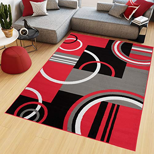 TAPISO Maya Kollektion Teppich Kurzflor Modern Vierecke Kreise Streifen Figuren Design Schwarz Grau Rot Weiß Wohnzimmer Schlafzimmer Büro ÖKOTEX 250 x 350 cm