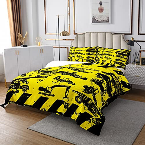 Kinder Bagger Steppdecke Jungen Sohn Karikatur Konstruktion Autos Dekor Gelb Bettüberwurf Schwarz Maschinen Fahrzeuge Tagesdecke 220x240cm Ausstattung LKWs Schlafzimmer Kollektion Wohndecke 3St