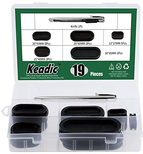 Keadic 19Pcs 5 Sizes Oval Double-Sided Rubber Grommet Set with Knife, Closed Hole Plug Firewall Grommets Gasket Electrical Appliance Grommet Wire Protection for Vehicle Plumbing Automobile