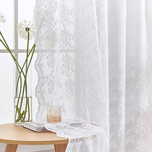 YJ YANJUN Weiße Spitzenvorhänge, 160 cm Länge, 2 Stück, französische Eleganz, Blumenmuster, halbtransparent, antike, Kurze viktorianische Vorhänge, Stangentasche, Lichtfilterung, 132 x 160 cm, Weiß