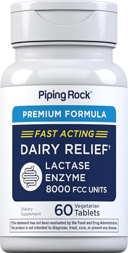 Piping Rock Dairy Relief Pills 8000 FCC | Fast Acting Tablets | 60 Count | Lactase Enzyme Supplement | Premium Formula | Vegetarian, Non-GMO, Gluten Free