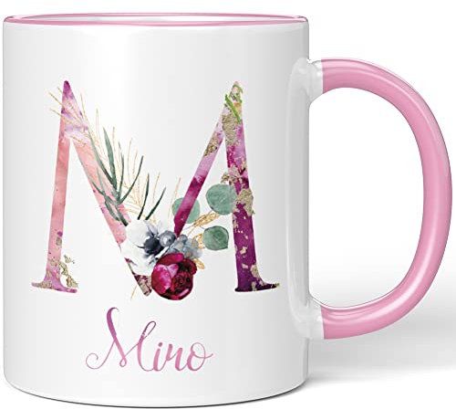 JUNIWORDS Tasse, Miro, Name Anfangsbuchstabe Initial Alphabet Floral Buchstabe M Monogramm Motiv, Rosa (5529121)