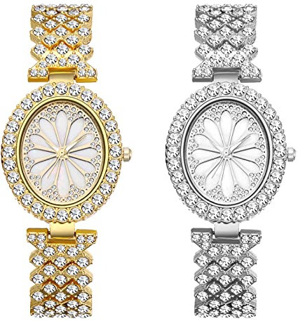 JewelryWe 2pcs Armbanduhr Damen Luxus Elegant Strass Glitzer Analog Quarz Beiläufige Uhr Damenuhr mit Ovalem Muschel Zifferblatt und Metall-Armband Gold Silber