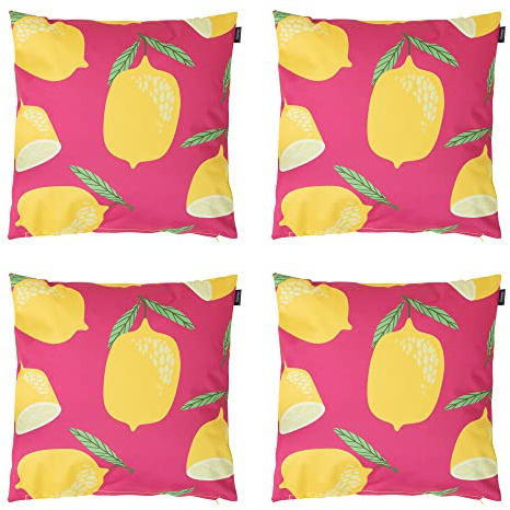 Bean Bag Bazaar Outdoor Cushions Filled, Fruity Collection, Lemon Print, Set of 4, 43cm x 43cm, Water Resistant, Outdoor Cushions for Garden Furniture, Garden, Patio