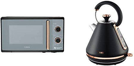 TOWER T24038RG Cavaletto Manual Microwave, 800W, 20L, Black Rose Gold & T10044RG Cavaletto Pyramid Kettle with Fast Boil, Detachable Filter, 1.7 Litre, 3000 W, Black and Rose Gold