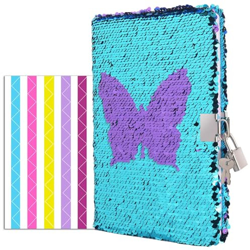 VIPbuy Magic Reversible Pailletten Notizbuch Tagebuch mit Schloss und Schlüssel Lined Travel Journal mit Foto-Ecke für Frauen Mädchen, Größe A5 (215 x140mm), 156 Seiten (Schmetterlings-Tagebuch)