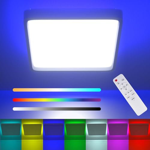 Luxvista LED Bathroom Ceiling Light with RGB Backlight, 24W 11.6inch 3000-6000K 3200LM Dimmable Flush Ceiling Light with Remote, IP54 Waterproof for Bathroom Bedroom Kitchen Living Room Lighting