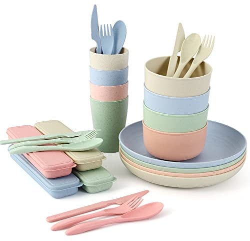28Pcs Camping Dinnerware Set for 4 - Cups, Bowls, Plates, Cutlery - Dinner Tableware, Dishwasher & Microwave Safe, Durable