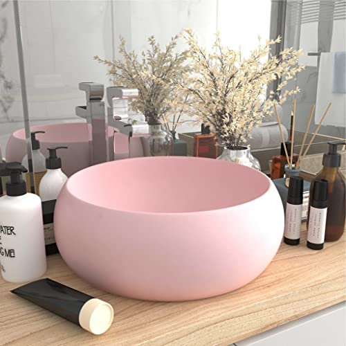 WIFESE Lavandino Lusso Rotondo Rosa Opaco 40x15 cm in Ceramica, Lavabo Da Appoggio per Bagno, Lavatoio