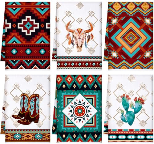 Boyiee Set mit 6 Southwestern Küchentüchern Boho Azteken-Thema Geschirrtuch Indianer Handtücher 61 x 40 cm Geschirrtücher für saugfähige Küchendekoration mit Aufhängeschlaufe für Zimmer Zuhause