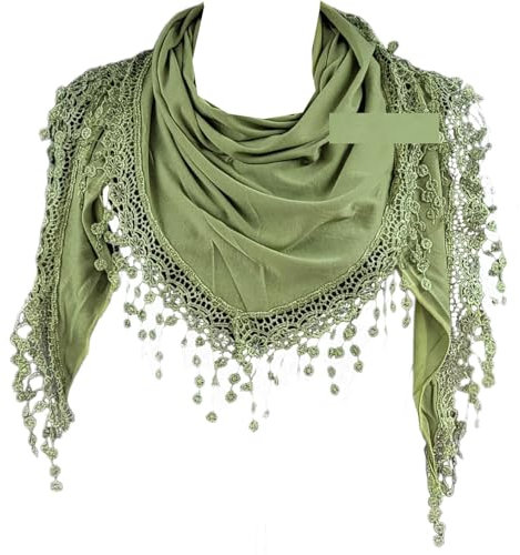 GFM® Einfarbig Jersey Dreieck Schal mit Spitze und Quasten -Lichtgrün- (TRI-PLN-HLHR)