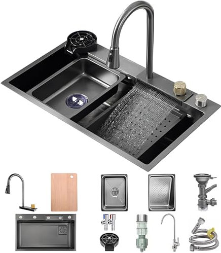 OMGMTSTORE 68x45cm Edelstahl Wasserfallspüle Multifunktionale 1 Becken Küchenspüle Nano Beschichtete Arbeitsplatzspüle Mit 3-in-1 Ausziehhahn,Entwässerungskomponente,Becherwischer