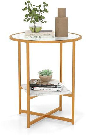 COSTWAY Table d'Appoint Ronde, Bout de Canapé en Verre Trempé Ondulé, Cadre en Métal Doré, Étagère en Faux Marbre, Petite Table Basse Salon Moderne, 50 x 50 x 60 cm