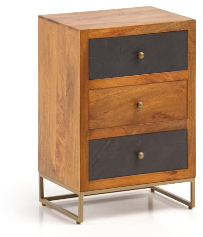 FineBuy Nachttisch aus Mango Massivholz mit Fronten in Steinoptik und 3 Schubladen – Design Nachtkonsole, Nachtschrank für Boxspringbett - Nachtkästchen 40x60x30 cm