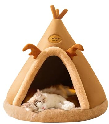 Galatée Katzenhöhlenbett, Komfortables Dreieck Haustier Tipi, Haustier Feiertagskatze Höhlenhaus Und Kitty -Bett, Extrem Gemütliches Und Warmes Haustierzelt Für Katze Und Hund(L, Braun)