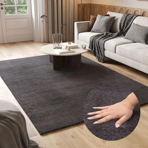 TAPISO Cuddle Teppich Hochflor Langflor Anthrazit Dunkelgrau Shaggy rutschfest Waschbar Wohnzimmer Schlafzimmer Kinderzimmer ÖKOTEX 140 x 200 cm