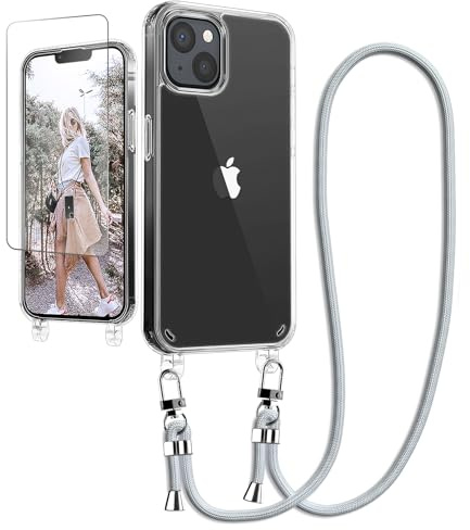 Ciciber Handykette Hülle für iPhone 15 Handyhülle mit Band und Schutzfolie, Transparent Case mit Schnur zum Umhängen Kordel Necklace Hülle Schutzhülle für iPhone 15 6.1, grau