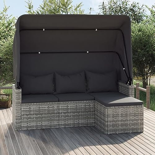 Homgoday Gartensofa mit Faltbares Dach Gartensofa 3 Sitzer Sofa Couch Balkonsofa Gartenmöbel Sonneninsel Lounge Gartenbank Gartenliege mit Fußhocker Loungemöbel Grau Poly Rattan