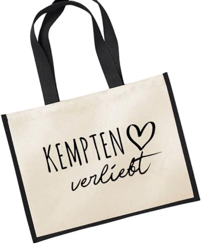 Huuraa Jutetasche Kempten (Allgäu) verliebt Shopper Einkaufstasche Black 21 Liter mit Namen deiner Lieblingsstadt in Bayern Geschenk Idee für Freunde und Familie