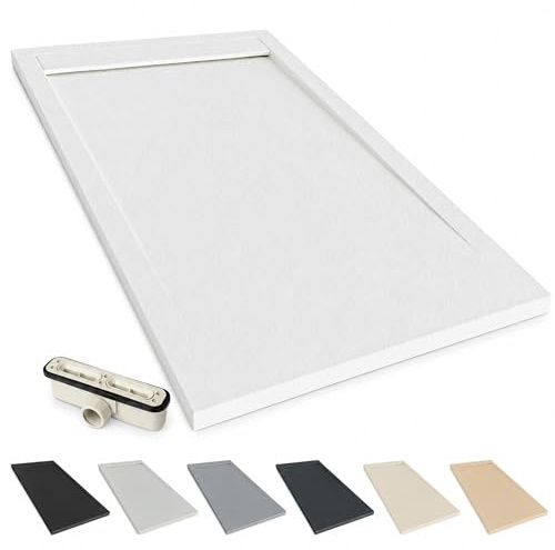 NEBADOON Plato de Ducha Resina Venecia Antideslizante 90x120 Blanco | Antibacteriano, textura pizarra cálida al tacto, válvula 60 l/min incluida, corte a medida, fabricado en España