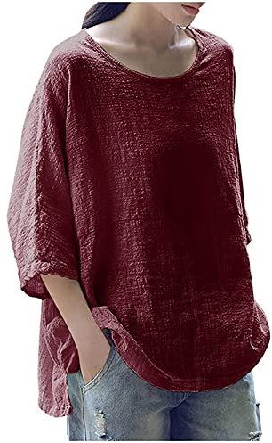 Summer Tops for Women UK Sale 3/4 Sleeve Cotton Linen Solid Crew Neck Ladies Tops Casual Loose Three Quarter Sleeve Tunic T Shirt Plus Size Elegant Blouse Shirts UK 8-18 Wine
