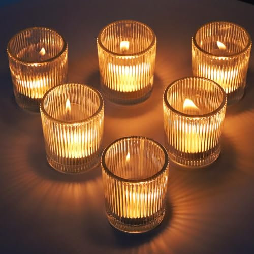 Vohocandle Ribbed Tea Light Candle Holders Bulk Set of 12, Clear Tealight Holders Vintage for Wedding, Glass Tea Light Holders for Party, Home Decor and Christmas Decoration(5 cm W × 6 cm H)