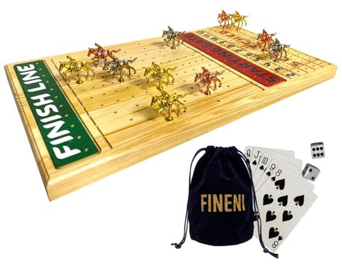 FINENI Pferderennspiel für Erwachsene mit 11 luxuriösen Metallpferden (Silber, Schwarz, Roségold), 55,9 cm Kiefernholz, Rennspielbrett, Würfel und Karte enthalten (Holzfarbe 3)