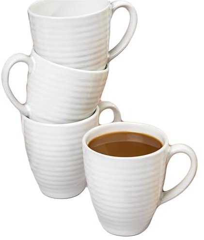 Darthome Set of 4 Modern Cream Embossed Mugs 330ml Fine Stoneware Tea Coffee Cups 11oz
