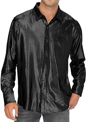Glitzer Outfit Herren - Karneval Kostüm Button Metallic Glänzend Nachtklub Freizeithemd Glitzerhemd Down Slim Fit Silvester Outfit Partyshirt Fasching Oberteile Pailletten Shirt Langarm Retro