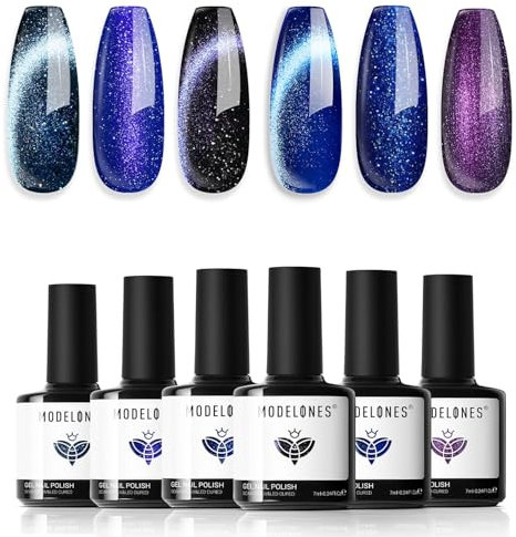 Modelones Gel Nail Polish Set, 6 Colors Cat Eye Gel Polish Black Blue Purple Glitter Nail Polish Set Dark Blue Chameleon Sparkle Shimmer Nail Varnish Kit Soak Off Nail Art Manicure DIY Salon