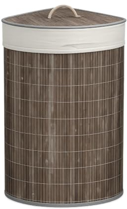 Corner Grey Bamboo Laundry Basket, Laundry Hamper with Removeable Washable Lining & Lid, Easy Assemble Folding Storage Bin Dirty Clothes Storage Bucket Cover Household Container Organiser