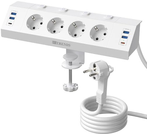 Tischsteckdose mit USB, 4 Fach Steckdosenleiste Schreibtisch mit Einzeln Schalter, Mehrfachsteckdose mit 4 USB mit 2M Kabel, Überspannungsschutz Steckdose Tisch für Zuhause Büro, Weiß 210006B12