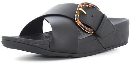 Fitflop Lulu Resin-Buckle Leather Cross Slides All Black Größe EU 39