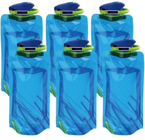 Catelves Faltbare Trinkflasche Festival 700ML, 6 Stück Trinkflasche Faltbar, Wiederverwendbare Faltbare Wasserflasche, Trinkbeutel Faltflasche mit Schraubverschluss zum Festival, Wandern, Reisen(Blau)