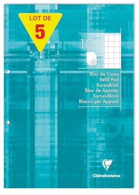 Clairefontaine 5810C - Packung mit 5 Kursblöcke DIN A4, 2-fach gelocht, 100 Blatt kariert 10x10 und Rand, 90g, Türkis, 5 Stück