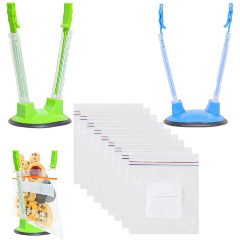 2PCS Freezer Bag Holder Stand, Freezer Bag Stand, Food Storage Bag Stand and Plastic Freezer, Meal Prep Storage Kit, 10 Leakproof Freezer Bags & 2 Adjustable Stands
