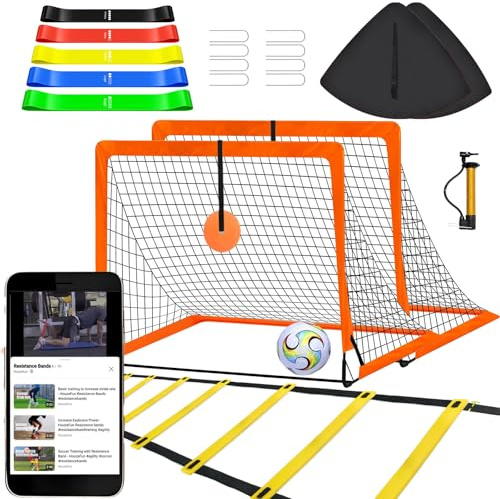 Soccer Goals for Backyard, Portable Football Goal, Football Practice, Soccer Training Equipment for Young (4'x 3' Goal*2, Resistance Bands Set*1, 20FT & 12 Rungs Agility Ladder*1,SIze 4 Ball*1)