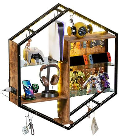 MSFE Gaming Schwebende Regale mit RGB Mehrfarbig LED, Wandregal Gaming-Regale mit 2 Verstellbare Glastrennwände, Ladestation, Stecktafel, Hexagon Schweberegale mit Kopfhöreraufhängung, 89*100*20cm