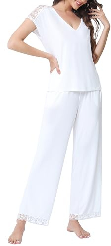Women’s Viscose-Spandex Lace Pyjama Set, Short Sleeve V-Neck Top & Wide Leg Long Trousers with Pockets & Adjustable Waistband (UK, Alpha, L, Regular, Regular, White)