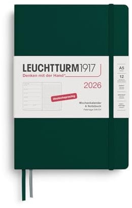LEUCHTTURM1917 372523 Wochenkalender & Notizbuch Dotted Medium (A5) 2026, 12 Monate, Forest Green, Deutsch